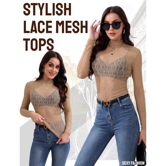 🆕 Women Khaki Long Sleeve Mesh Top Lace Mock Neck See Through Fitted Sexy Out - Picture 2 of 7